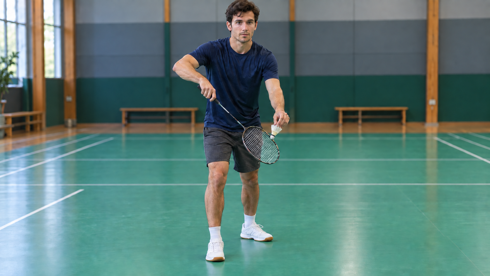 A player holding a shuttle before a low backhand serve