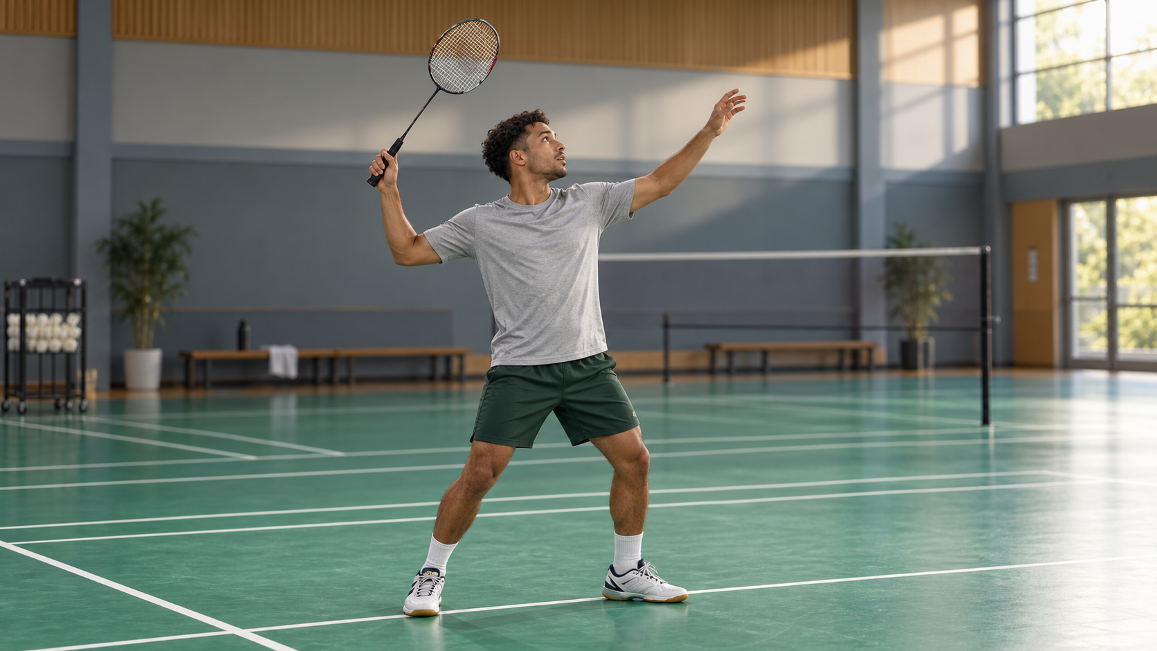 Ein junger Mann bereitet einen Vorhand-Überkopf-Clear im Badminton vor