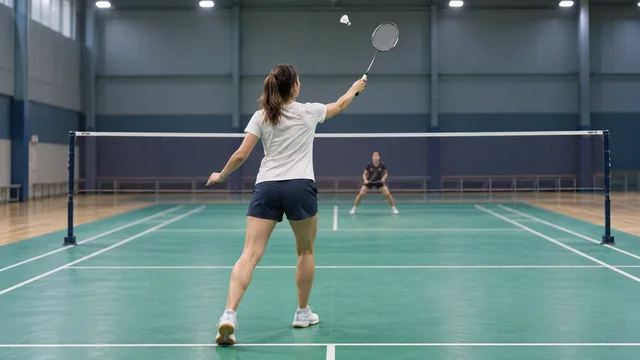 ネットに向かって頭上の打球を準備するバドミントン選手の後ろ姿
