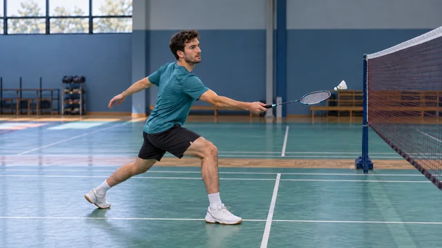 Player reaching forward for a forehand badminton net shot