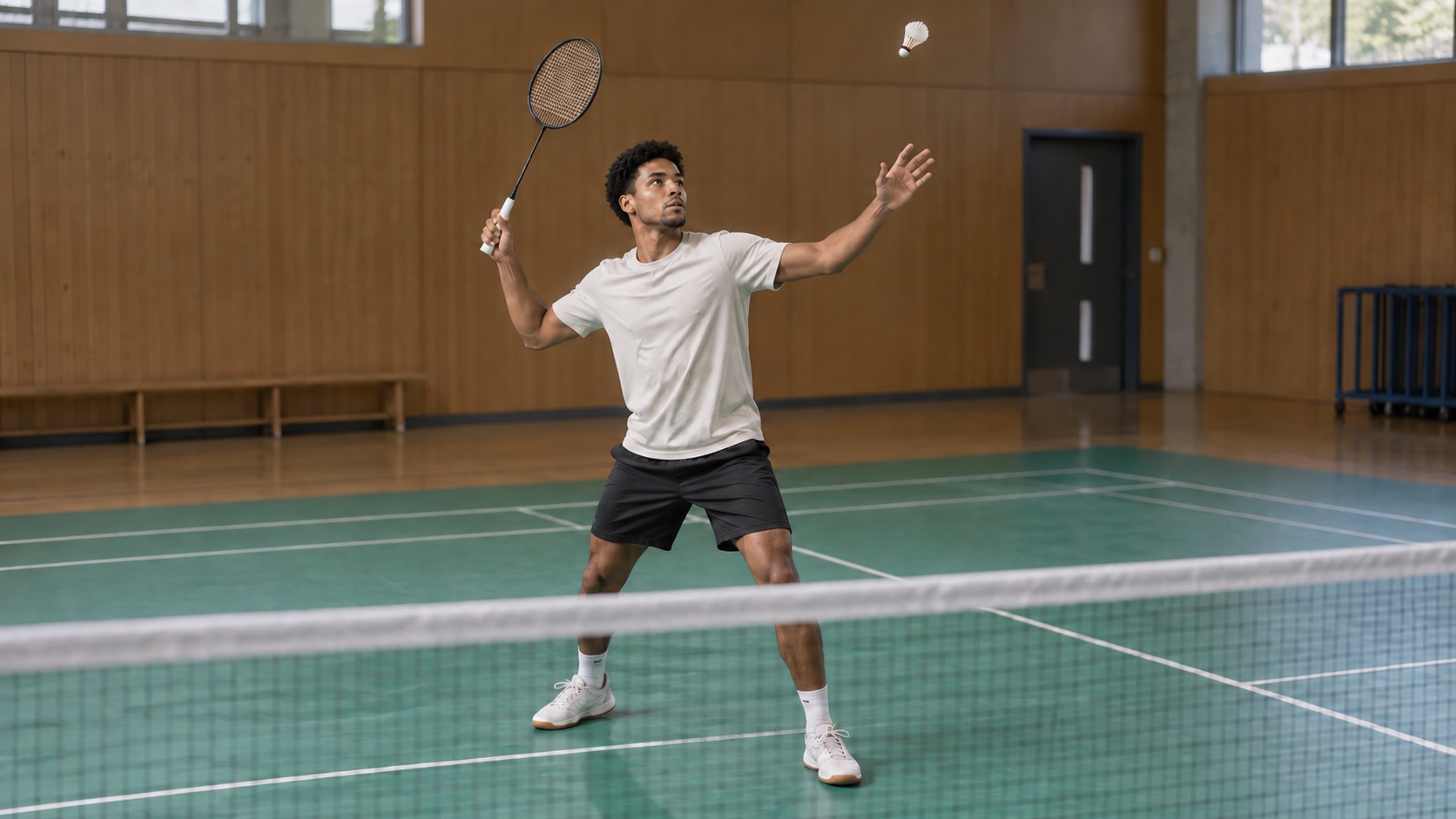 A badminton player preparing a grounded overhead stroke with the shuttle in view