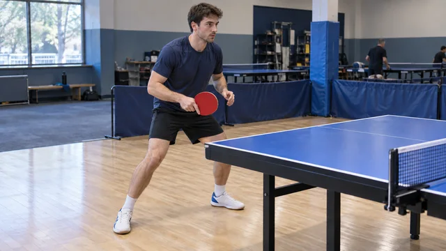 Player taking a small side step in a table tennis ready stance