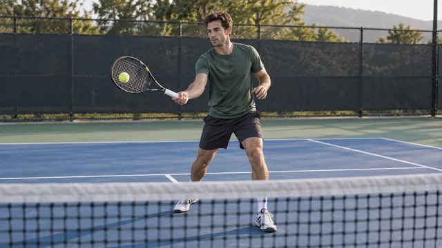 Player meeting a forehand volley on the far side of the net
