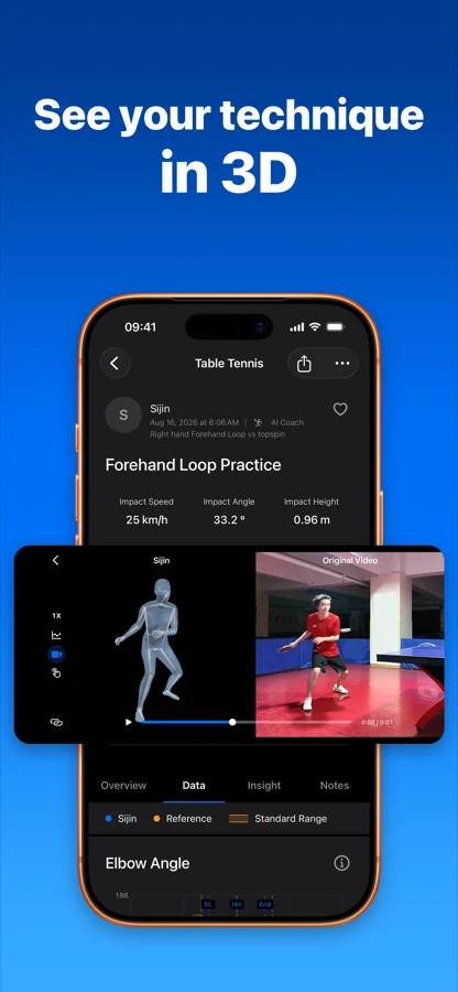 SportArc table tennis 3D movement and original-video comparison