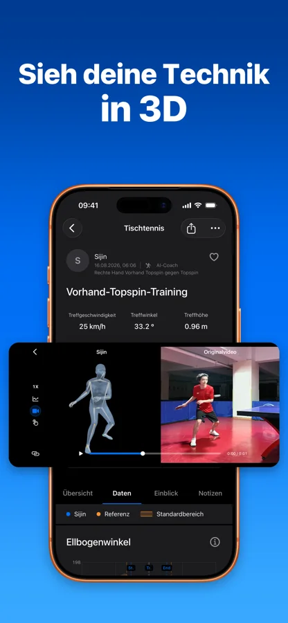 3D-Bewegung neben dem ursprünglichen Tischtennisvideo