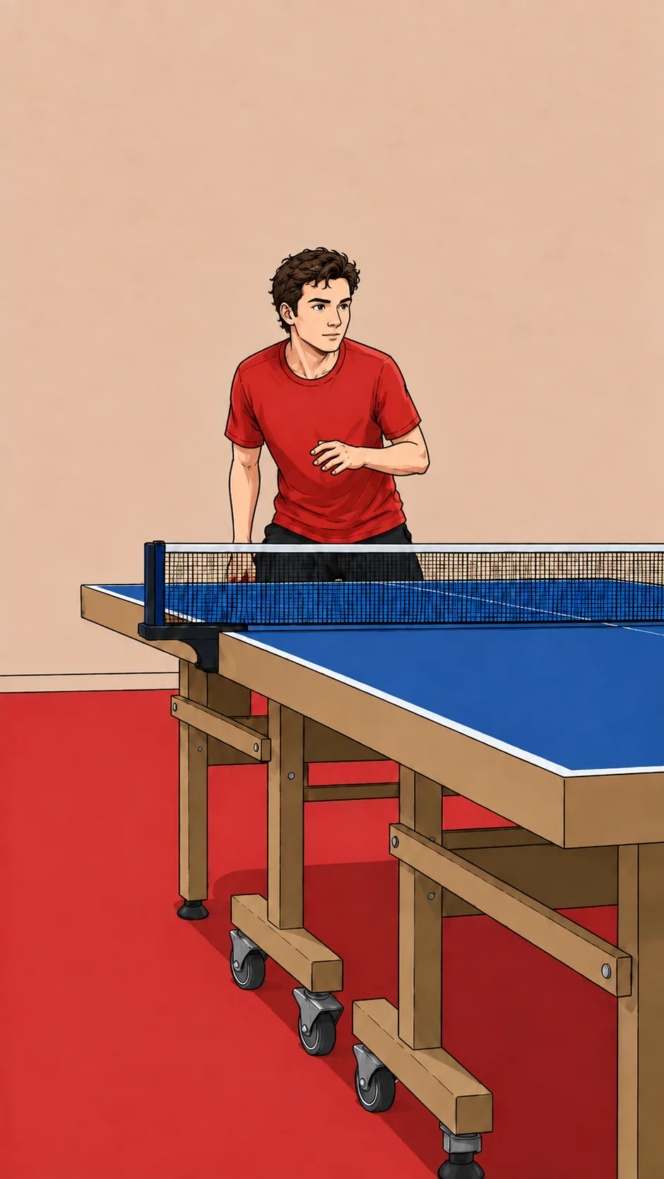 Avoid: lower body hidden The table obscures the lower body.