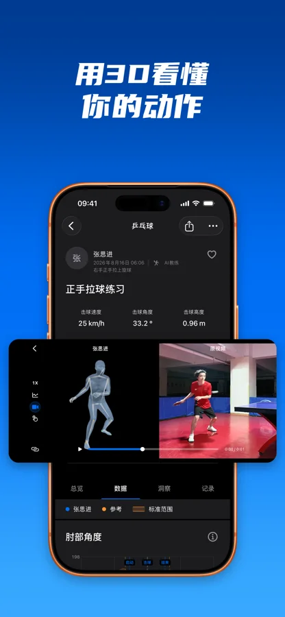 乒乓球原始视频与 3D 动作并列显示
