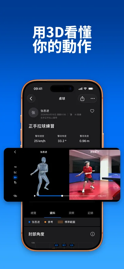 SportArc 並列原始影片與桌球 3D 動作